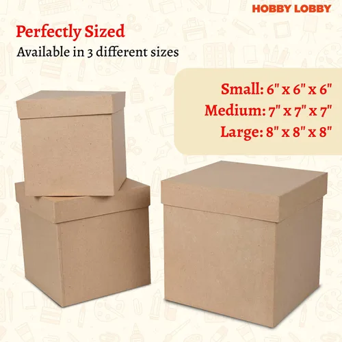 Vista 5 de Cajas de papel maché cuadradas con tapas (juego de 3) - Cajas de regalo marrón de papel kraft anidadas - Caja de papel maché apilable