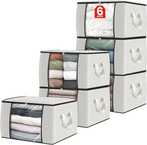 Vista 60 de Fab totes Paquete de 3 bolsas de almacenamiento plegables de tela gruesa, contenedores para organizar dormitorio, armario, ropa, edredón, Beige