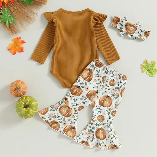 Vista 7 de Kuriozud Conjunto de Pantalones Acampanados para Bebé Recién Nacida Niña Mameluco con Volantes Lindo Lazo Pantalones Acampanados Diadema Ropa Linda