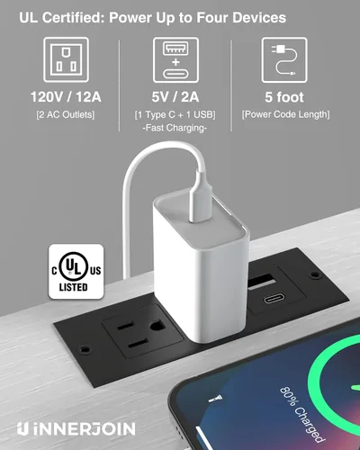 Vista 7 de Innerjoin Mesa auxiliar con estación de carga, juego de 2, mesa auxiliar en forma de C con tira de luz LED, puertos USB A y C de carga rápida, mesa