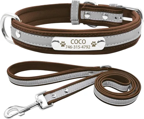 Vista 7 de Collares reflectantes personalizados para perros con acolchado de neopreno, collar de perro grabado personalizado con placa de nombre para perros