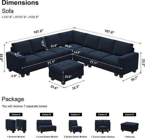 Vista 2 de Belffin Sofá modular de terciopelo convertible con diván reversible en forma de L, sofá modular con almacenamiento otomano para sala de estar, sofá