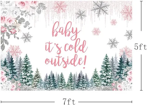 Vista 3 de MEHOFOND Telón de fondo de invierno para baby shower de 7 x 5 pies para niñas, Baby It's Cold Outside Rosa Floral Fotografía Fondo Pequeño Copo