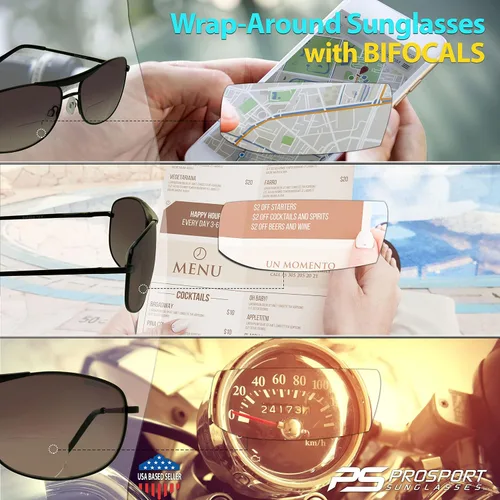 Vista 4 de proSPORT Gafas de sol bifocales de aviador +1.50 montura negra de bronce con lente ahumada bifocales para hombres y mujeres