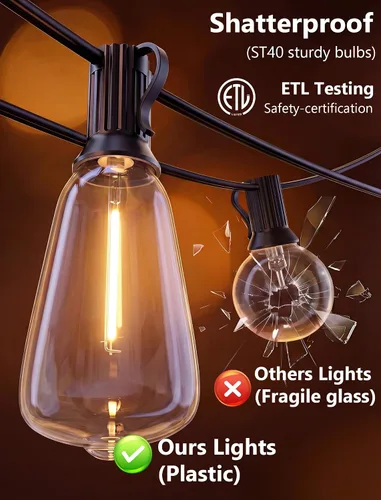 Vista 8 de Tira de luces LED ST40 de 20 pies para exteriores con 22 bombillas Edison vintage inastillables, tira de luces para patio, impermeable, para patio