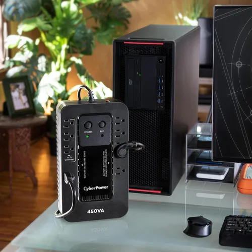 Vista 5 de CyberPower EC450G Sistema UPS ecológico de respaldo y protector de sobretensiones, 450VA/260W, 8 tomas, modo ECO, fuente de alimentación