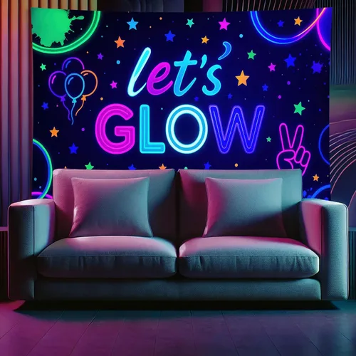 Vista 3 de Starlit Patio Let's Glow - Tapiz con luz negra, reactiva a los rayos UV, decoración de pared fluorescente con brillo de neón, 78 x 59 pulgadas