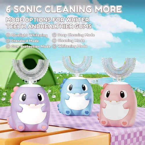 Vista 3 de Cepillo de dientes eléctrico en forma de U para niños, cepillo de dientes automático sónico de dinosaurio con 6 cabezales de cepillo, boca completa