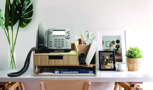 Vista 5 de MobileVision Soporte de teléfono de bambú con cajón, bandeja de papel y soporte para lápices, solución de almacenamiento para productos de oficina