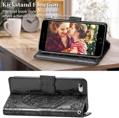 Vista 3 de KRHGEIK Funda tipo cartera para iPhone SE 2020/SE 2022/iPhone 8/iPhone 7, diseño de mariposa en relieve, de piel sintética, con ranuras para Negro