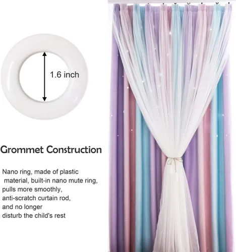 Vista 6 de UNISTAR 2 paneles de cortinas opacas con estrellas para dormitorio de niños y niñas, sala de estar, cortinas de ventana de doble capa con rayas