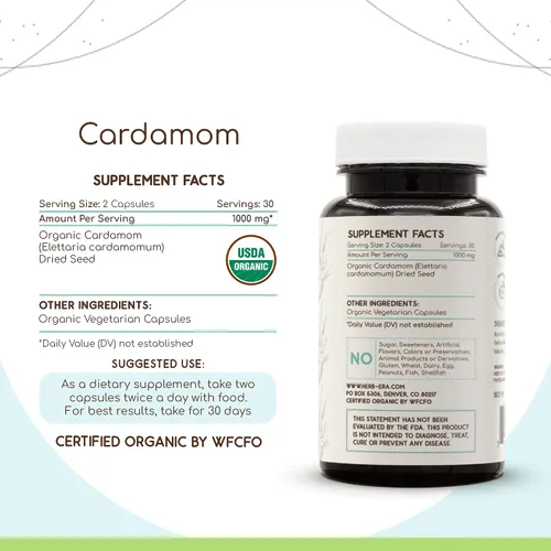 Vista 2 de HerbEra Cardamomo 60 Cápsulas, 500 mg, USDA Organic Cardamomo (Elettaria cardamomum) Vaina seca (60 Cápsulas)