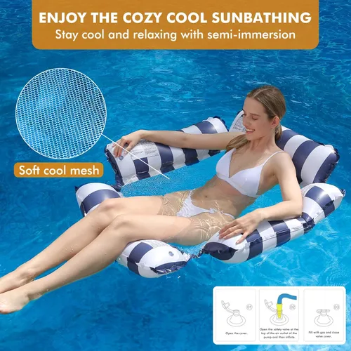Vista 6 de Flotador inflable para piscina, para adultos y niños, hamaca flotante con patrón de rayas para fiesta en la piscina, diversión acuática de verano