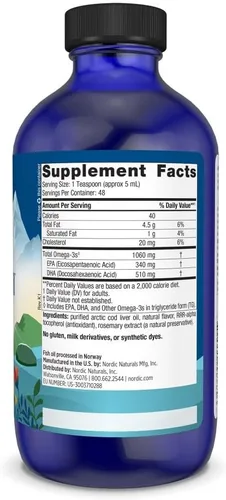 Vista 2 de Nordic Naturals Aceite de hígado de bacalao ártico, limón, 8 onzas, 1060 mg de Omega-3 totales con EPA y DHA, salud cardíaca y cerebral, inmunidad