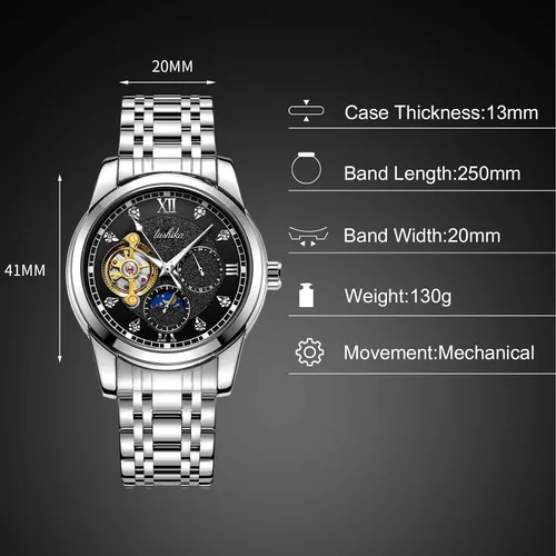 Vista 5 de RORIOS Reloj para hombre luminoso reloj mecánico automático con correa de acero inoxidable Tourbillon impermeable relojes de pulsera