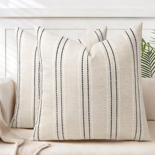 Vista 22 de AELS Fundas de Almohada Decorativas de Lino Estilo Granja de 16x16, Funda de Almohada con Textura Boho, Juego de 2, Beige con Rayas de Hilo Teñido