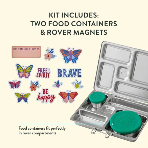 Vista 6 de PlanetBox Rover - Lonchera estilo Bento de acero inoxidable para jóvenes con 5 compartimentos, edición mariposas incluye bolsa de almuerzo aislada