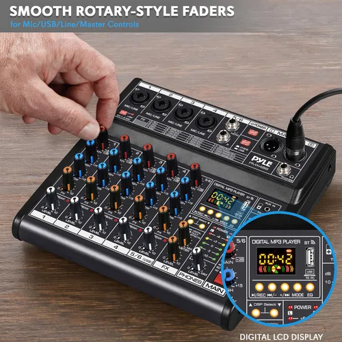 Vista 4 de Mezclador de audio Bluetooth profesional Pyle DJ - Mezclador de sonido con controlador DJ de 6 canales con DSP, 16 efectos preestablecidos, interfaz