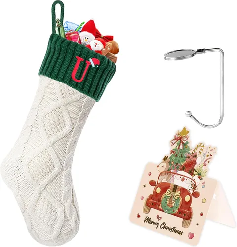 Vista 173 de Calcetines de Navidad con inicial A, 20 pulgadas, con iniciales bordadas para la familia, calcetín navideño tejido personalizado con monograma