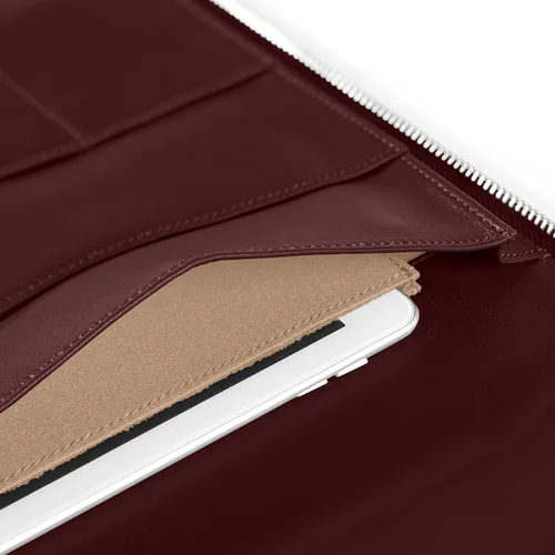 Vista 4 de Leatherology Cartera ejecutiva Burdeos con cremallera, bolsillo interior de piel de grano completo, bolsillo interior para tableta, lazo