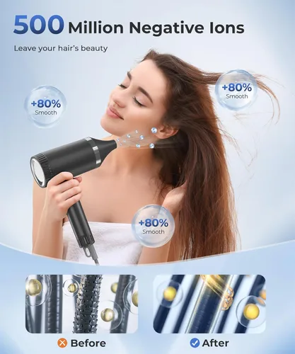 Vista 3 de Secador de Pelo, Secadores de Alta Velocidad de 100,000 RPM para Mujeres y Hombres, Secadores de Pelo con Difusor y Boquilla, Portátil para Viaje