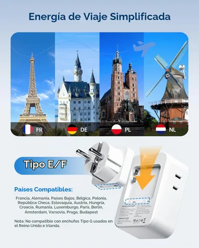 Vista 4 de Adaptador de enchufe tipo E F de 45W, adaptador de enchufe de EE. UU. a Gris blanco