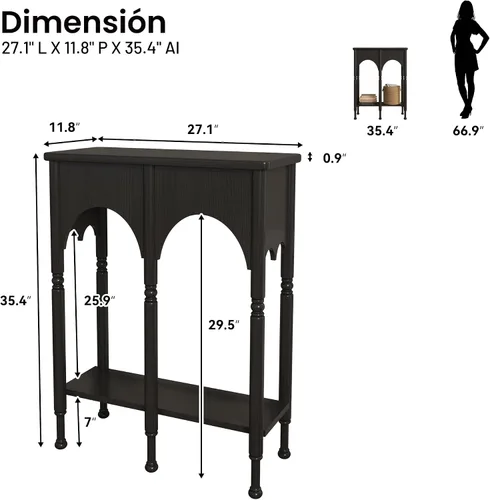 Vista 2 de Mesa consola con estante de almacenamiento, mesa de entrada pequeña y estrecha de 28 pulgadas Mesa de madera vintage con patas de estilo romano
