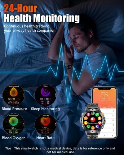 Vista 5 de Relojes inteligentes militares para hombre con llamada Bluetooth, reloj inteligente AMOLED impermeable de 1.43 pulgadas con linterna, 111 modos