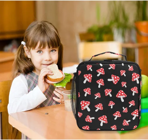 Vista 6 de Lonchera para niños y niñas, con diseño de hongos del bosque, con diseño de dibujos animados, con correa para el hombro, bolsas enfriadoras