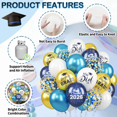 Vista 3 de Globos de graduación azules y dorados, 60 globos impresos con texto en inglés "Felicitaciones", 12 pulgadas, azul marino, blanco, azul, metálico