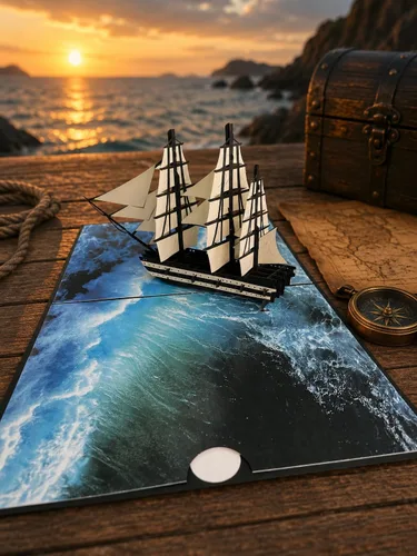 Vista 2 de ETA Tarjeta de felicitación de barco alto desplegable 3D, tarjeta náutica hecha a mano con diseño de océano, ideal para cumpleaños, jubilación, día