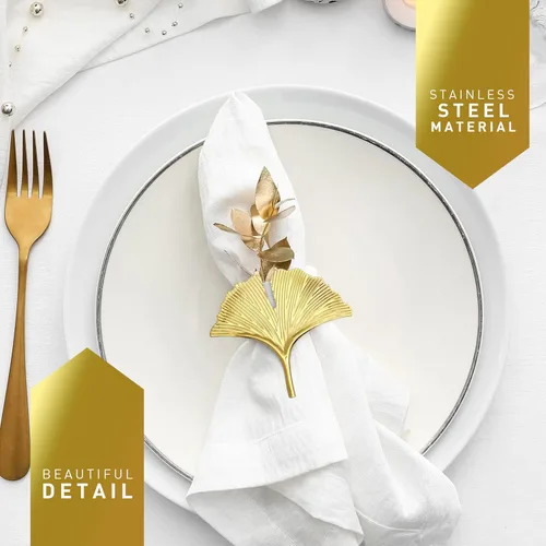 Vista 6 de Jolitee Juego de cuatro servilleteros dorados de hoja de ginkgo – Elegante metal pesado, accesorio de mesa versátil para bodas, vacaciones y uso