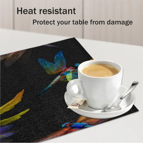 Vista 5 de Juego de 4 manteles individuales con temática de libélula y animales, lavables, impermeables, para fiestas, hogar, comedor, decoración de mesa de 18