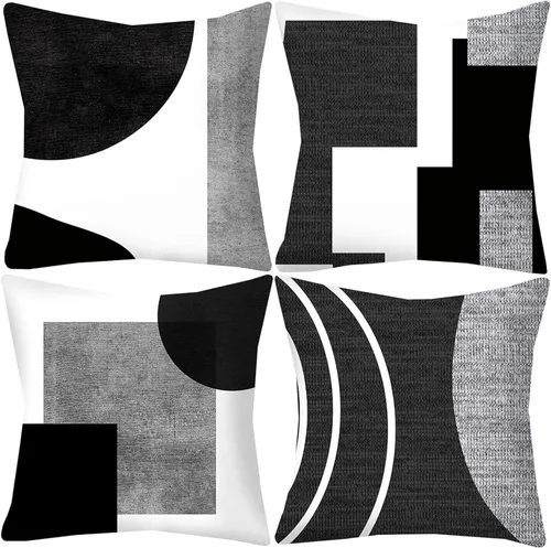 Vista 13 de Juego de 4 fundas de almohada geométricas abstractas de 18 x 18 pulgadas, color negro y gris, fundas cuadradas decorativas para sofá Abstracto 2