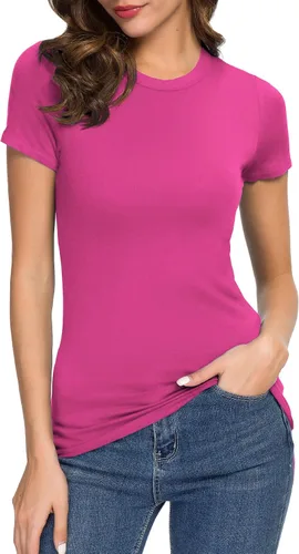 Vista 13 de Camiseta de mujer con cuello redondo, manga corta, ajustada, elástica, básica, de Urban CoCo Negro