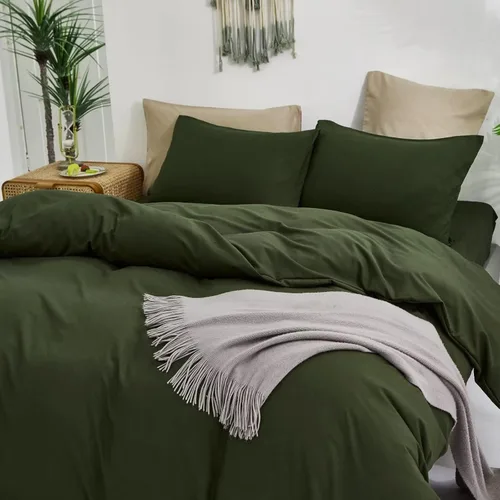 Vista 3 de Juego de edredón verde oliva, tamaño individual, color verde oscuro, juego de ropa de cama militar, suave y transpirable, ropa de cama minimalista