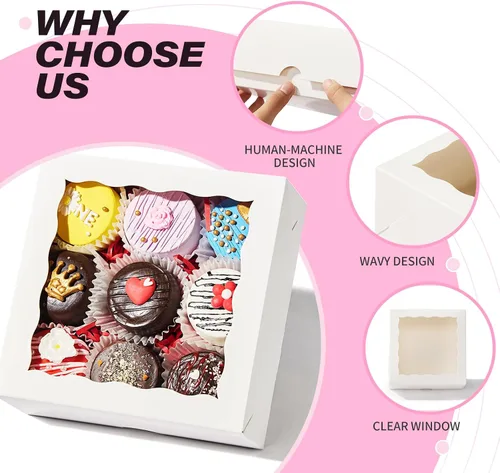 Vista 3 de 20 piezas cajas de panadería elegantes de 6 x 6 x 2.5 pulgadas con ventana, ideales para galletas, fresas cubiertas de chocolate, pasteles