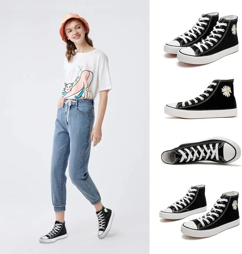 Vista 6 de Tenis de lona de caña alta con cordones para mujer, estilo informal, ideales para caminar
