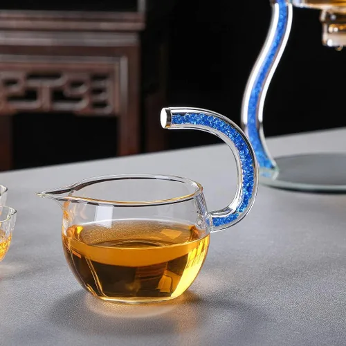Vista 5 de RORA - Juego de té de vidrio Lazy Kungfu, semiautomático, con goteo giratorio e infusor, juego de tetera de vidrio (6 tazas)