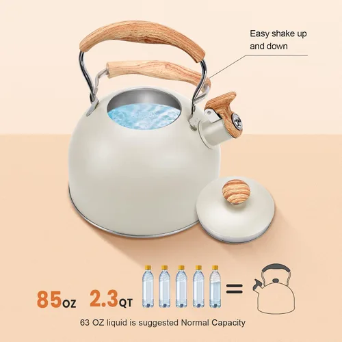 Vista 3 de Hervidor de Té Foedo para Estufa, Teteras Silbantes de 2.6 Cuartos para Estufa, Mango Plegable Resistente al Calor, Tetera Bonita (Beige)