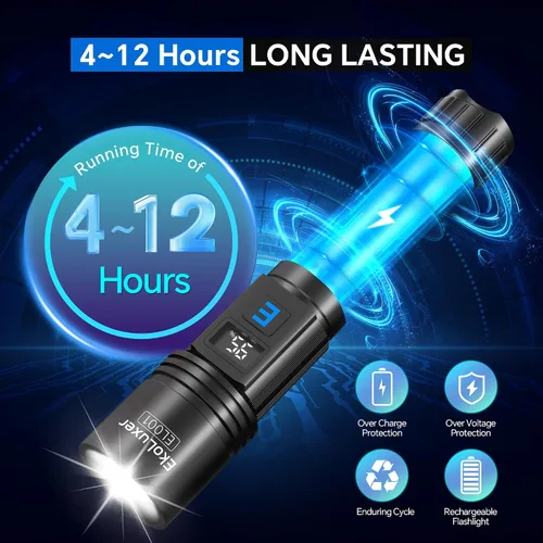 Vista 4 de Paquete de 3 linternas recargables de altos lúmenes, linterna súper brillante con pantalla digital LCD, linterna LED ajustable de 5 modos, linternas