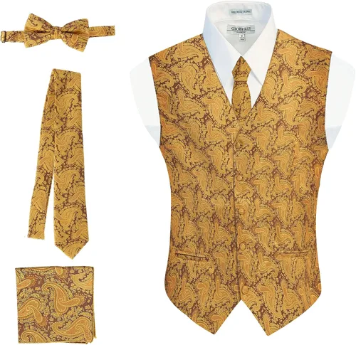 Vista 28 de Gioberti Chaleco formal de cachemira de 4 piezas para hombre, corbatín y pañuelo de bolsillo Negro B
