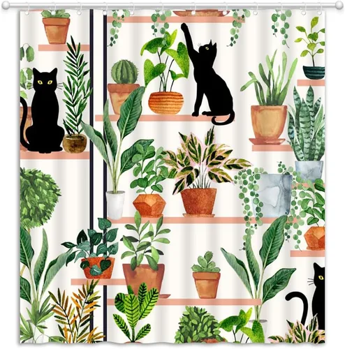 Vista 2 de Cortina de ducha con diseño de plantas y gatos, diseño de gatito negro, diseño bohemio, hojas verdes en maceta, tela estética botánica, cortinas