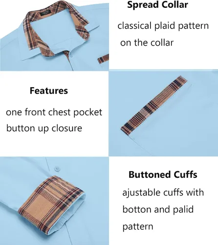 Vista 5 de COOFANDY - Camisa de vestir de algodón con mangas largas, botones y cuello a cuadros, de estilo casual, para hombres