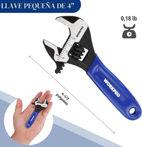 Vista 3 de WORKPRO Llave ajustable mini de 4 pulgadas, llave de mandíbula ancha de acero Cr-V con óxido negro para tuercas pequeñas, escalas métricas y SAE