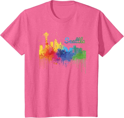 Vista 39 de Seattle Washington Skyline Watercolor Souvenir Seattle Camiseta, Negro