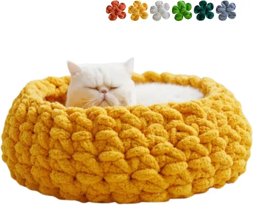 Vista 9 de Cama nido para gatos, tejida a mano, lavable, redonda, gatito cueva (blanco nube, L)
