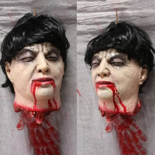 Vista 8 de RiceelSor Decoración colgante de cabeza dividida para Halloween, diseño de cadáver sangriento, de terror, de tamaño real, con peluca, disfraz