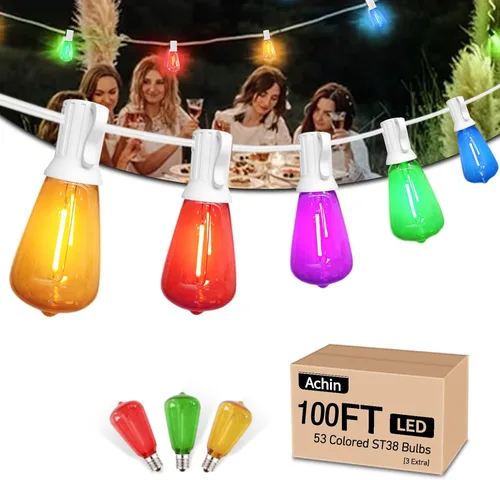 Vista 15 de Achin 50FT Solar String Lights Outdoor with 32 LED Bulbs 1.5FT Bulbs Spacing,Patio String Lights Whith Remote, IP65 Waterproof, 3600mAm Battery