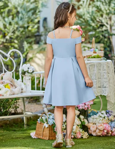 Vista 6 de Arshiner Vestido de verano para niñas con hombros descubiertos, plisado, formal, elegante Azul